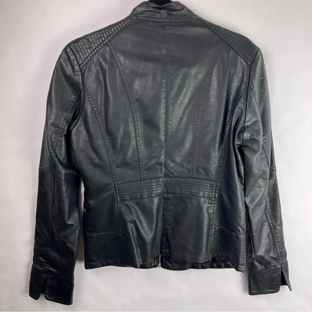 LA Coalition Black Moto Jacket, Faux Leather, Quilted, Zippered Pockets, Medium - Picture 9 of 12